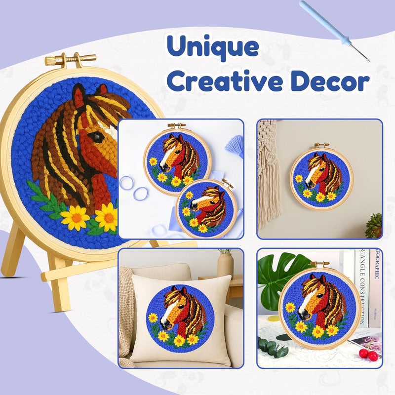 TEKWAVE Punch Needle Kit for Adults Beginners Horse with Sunflowers, Step-by-Step Video Pre-Printed Pattern and Written Instructions, DIY Embroidery Set with Yarn, Fabric, Hoop for Home Decor Crafts - Image 5